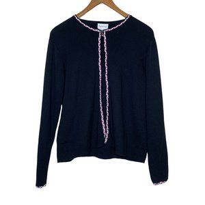 Crystal Kate Classic Black Cardigan Clasp Top Braided Bright Trim Cotton Large